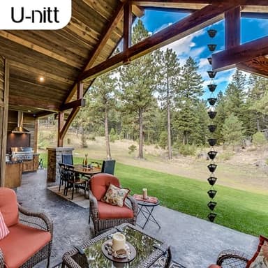 U-nitt Rain Chain Water Collection for Gutters, Rainwater Catcher & Diverter, 8.5 FT Chains for Outside Garden, Black Square Cups, Roof Downspout, Works with Heavy Rain, w/Gutter Clip for Rainchains - Image 3