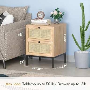 XIAO WEI Natural Rattan Nightstand Set of 2, Boho Night Stand with Drawers, Bedside Table Accent Cane End Table Side Table for Bedroom Living Room, Metal Legs/Small/Natural - Image 3