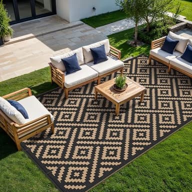 GENIMO Outdoor Rug for Patio Clearance, 10'x14' Waterproof Large Camping Mat, Reversible Plastic Straw Rugs for RV, Camper, Balcony, Backyard, Picnic, Deck (Black & Brown) - Image 2