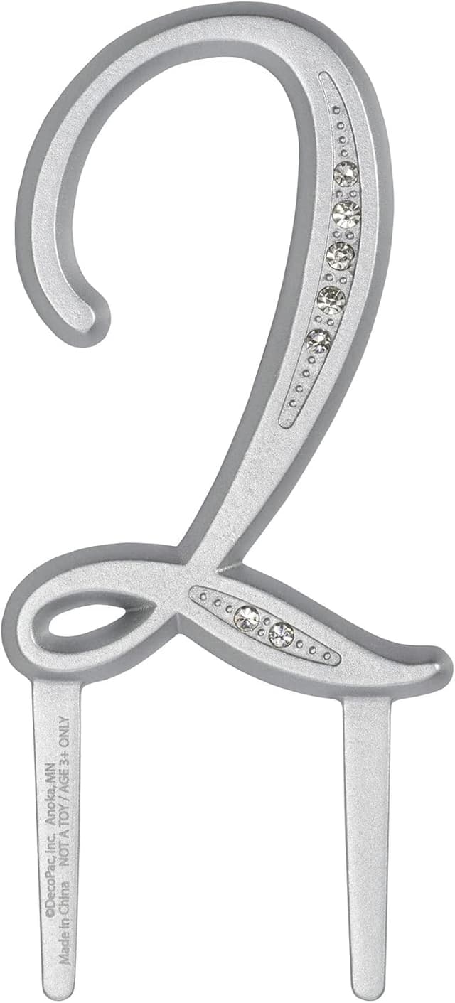 DecoPac Diamond Number 2 Monogram Cake Topper, Luxurious Rhinestone Cake Decoration, For Birthday, Wedding Anniversary, Party, Graduation, Retirement, 3.5" Tall, Silver, Pack of 1