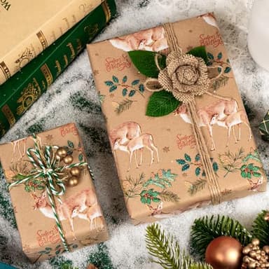 WRAPAHOLIC Kraft Christmas Wrapping Paper - Mini Roll - 17 Inch x 33 Feet - Reindeer Wrapping Paper with Holly Design for Christmas, Holiday, Party Celebration - Image 5