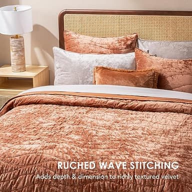 EVERGRACE Luxury Velvet Quilt Queen Size, Ultra Soft Wave Crushed Velvet Bedding Set, Lightweight Quilted Comforter Set for All Season, Oversized Bedspread Coverlet with 2 Shams, Burnt Orange - Image 2