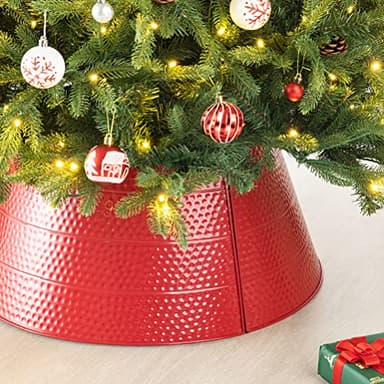 Glitzhome 26" D Red Hammered Metal Tree Collar Tree Base Cover Decorative Christmas Tree Ring for Christmas Decoration - Image 4
