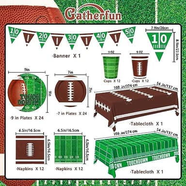 Gatherfun Football Party Supplies Kit Serve 24,Includes Dinner Plates, Dessert Napkins, Cups,Banner and Touchdown Tablecloth for Birthday Gameday Tailgate Decorations, Green (2023053002) - Image 2