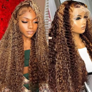 ZZMDS 13x6 Deep Wave Lace Front Wigs Human Hair Pre Plucked #4/27 Highlight Ombre Colored Glueless Wigs Water Wave Honey Blonde Curly Lace Frontal Wigs Human Hair for Women with Baby Hair 22 Inch - Image 2