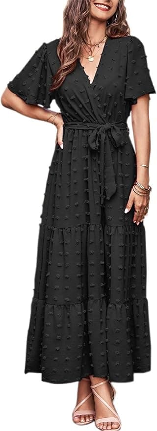 MASCOMODA Womens Summer Swiss Dot Maxi Dressses Wrap V Neck Flutter Short Sleeve Boho Casual Flowy Long Wedding Guest Dress - Image 1