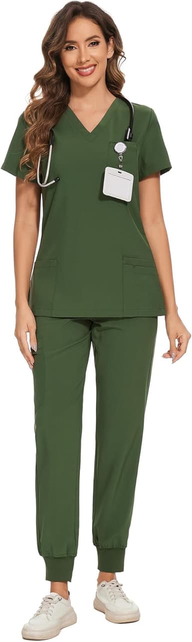 COZYFIT Scrubs for Women Set - Stretch V-Neck Scrub Top & Jogger Pant with 8 Pockets - Image 2