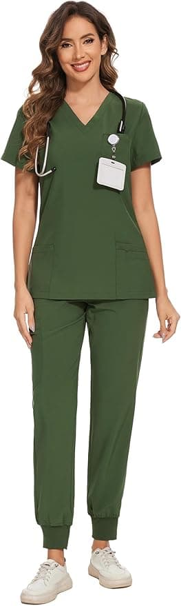 COZYFIT Scrubs for Women Set - Stretch V-Neck Scrub Top & Jogger Pant with 8 Pockets - Image 1