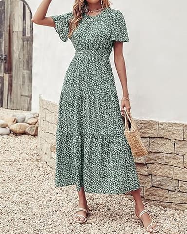 PRETTYGARDEN Women's Summer Casual Short Flutter Sleeve Round Neck Smocked Waist Tiered Boho Floral Flowy Maxi Dress(Leaves Green,XX-Large) - Image 3