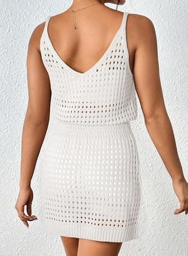 Dokotoo Sexy Swim Cover Up for Women 2025 Summer Fashion Scoop Neck Sleeveless Crochet Hollow Out Knit Mesh Spaghetti Straps Swimsuit Bikini Beach Dress Cruise Essentials Outfits All White Medium - Image 2