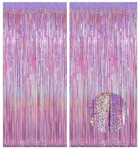 Melsan 2 Pack 3.2 ft x 8.2 ft Tinsel Foil Fringe Curtains Backdrop, Sparkle Metallic Foil Curtains for Party Photo Booth Props Decoration, Pinkish Purple - Image 1