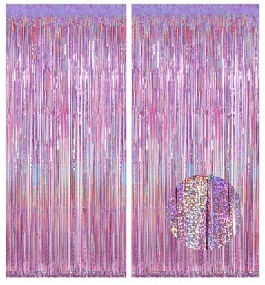 Melsan 2 Pack 3.2 ft x 8.2 ft Tinsel Foil Fringe Curtains Backdrop, Sparkle Metallic Foil Curtains for Party Photo Booth Props Decoration, Pinkish Purple - Image 1