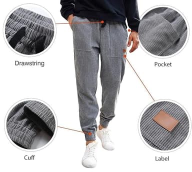 JMIERR Mens Corduroy Pants Elastic Waist Drawstring Stretch Tapered Joggers Sweatpants Work Cargo Pants with Multi Pockets,US34(M),Gray - Image 3