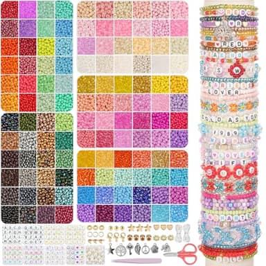Mio Angle 4mm Glass Seed Beads Friendship Bracelet Kit, 10000pcs+ 120 Colors 6/0 Small Beads for Friendship Bracelet Beads Waist Beads with String Cords Letter Beads for DIY Jewelry Making Girls Craft - Image 1