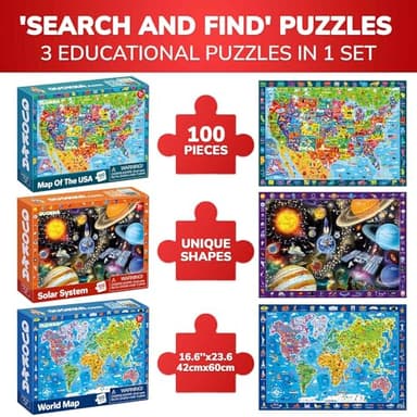 QUOKKA Puzzles for Kids Ages 4-6 - 3 Set 100 Piece Puzzles for Toddlers 3-5 - Learning Map of The United States World Space Puzzle - Educational Games for Kids 6-8 - Toys for 3 Year Old Boys and Girls - Image 3