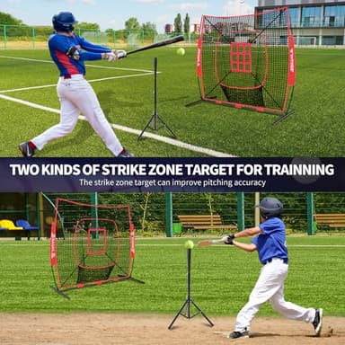 BAGAIL 7x7 ft Baseball & Softball Practice Net with Bow Frame for Batting, Hitting, Pitching, Portable Baseball Throwing Net with 2 Strike Zone Batting Tee, Carry Bag, Great for All Levels - Image 6