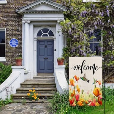 FUYUCHEN Hummingbird Garden Flag 12x18 Inch Double Sided Tulip Welcome Spring Summer Outside for Yard Outdoor Seasonal Decoration Flag - Image 2