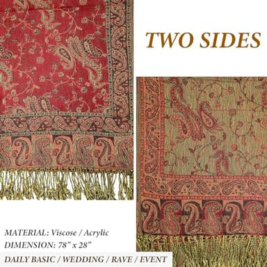 Achillea Soft Silky Reversible Paisley Pashmina Shawl Wrap Scarf w/Fringes (Burgundy) - Image 5