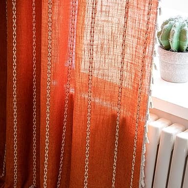 Sutuo Home Orange Boho Curtains for Bedroom Living Room,Terracotta Semi Blackout Linen Farmhouse Shabby Chic Tassels Window Treatment Bohemian Embroidery Drape, Rod Pocket 1 Panel 52" W x 96" L - Image 6