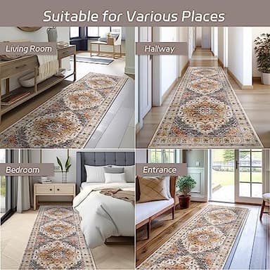 Madane Runner Rug 2x8, Washable Hallway Runner Rugs, Non-Slip Low-Pile Soft Kitchen Rug Runner Laundry Room Rug, Vintage Throw Entry Foyer Mat for Entrance Living Room (Turmeric/Grey, 2 x 8) - Image 7