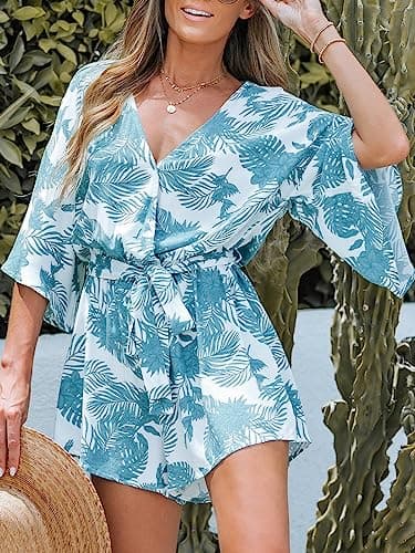 CUPSHE Women's Tropical Floral Leaf Print Belted Romper Mini Jumpsuit with Flare Sleeves - Image 3