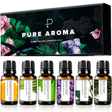 Essential Oils Set by Pure Aroma - Top 6 Aromatherapy Oils Gift Set-6 Pack, 10ml (Eucalyptus, Lavender, Lemongrass, Sweet Orange, Peppermint, Tea Tree) - Image 1