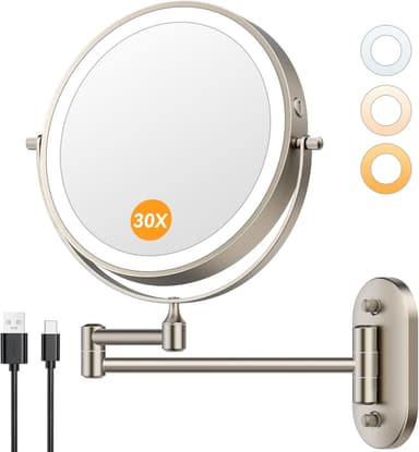 Auxmir 1X/30X Wall Mounted Lighted Makeup Mirror, 8" 3200 mAh Rechargeable Double-Sided Magnifying Mirror, Touch Dimmable 3 Color Lights, 360° Rotating Foldable 14.5" Extension Arm, Brushed Nickel - Image 2