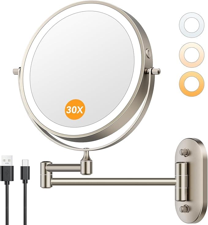 Auxmir 1X/30X Wall Mounted Lighted Makeup Mirror, 8" 3200 mAh Rechargeable Double-Sided Magnifying Mirror, Touch Dimmable 3 Color Lights, 360° Rotating Foldable 14.5" Extension Arm, Brushed Nickel - Image 1