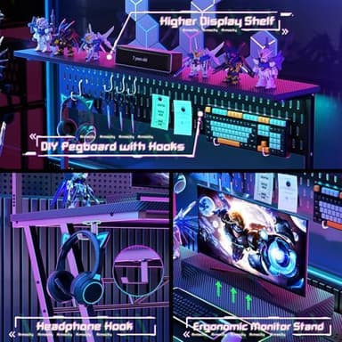 Armocity Gaming Computer Desk with Shelves and Outlets, Gaming Desk with Hutch and LED Lights, Reversible PC Gaming Desks with Pegboard, Carbon Fiber Black 47'' - Image 6