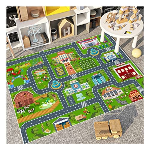 VNUVCOE Kids Car Rug Playmat Carpet, Playroom City Road Race Track Rug for Playing Cars Toys, Educational Area Rugs for Bedroom Classroom Toddlers Kids Room Safe Area Decor(Green,2.6x3.9ft) - Image 1