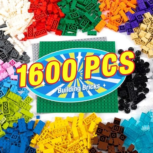 MANNIDOO 1600 Pieces Building Bricks, Building Bulk Block with 2 Packs 24x24 Studs Sticky Plate and 46PCS Wheel Accessory - Compatible with All Major Bricks, Gfits for Kid - 18 Shape/16 Color - Image 1