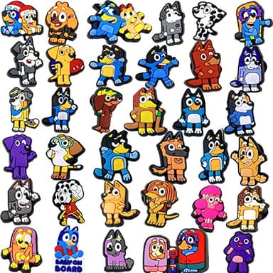 AIOTRET 35Pcs Bluèy Dog Charms Shoe Charms Fits for Clog Sandals Decoration with Wristband Bracelet, Shoe Decoration Charms