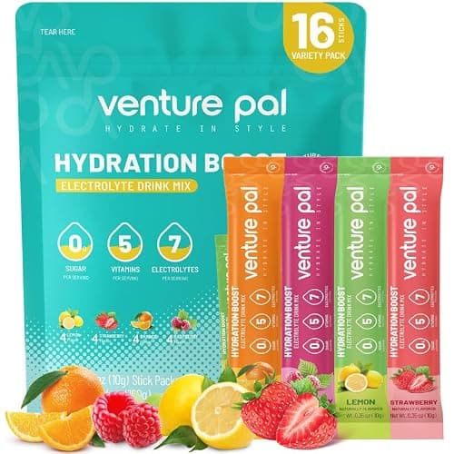 Venture Pal Sugar Free Electrolyte Powder Packets - Liquid Daily IV Drink Mix for Rapid Hydration & Party Recovery | 5 Vitamins & 7 Electrolytes| Keto Friendly | Non-GMO | Certified Vegan | 16 Sticks - Image 1