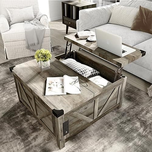 jimeimen Farmhouse Lift Top Coffee Table with Storage, Wood Square Center Table with Charging Station&USB Port, Living Room Table w/Large Hidden Space, for Living Room, Bedroom, Home Office, Grey - Image 1