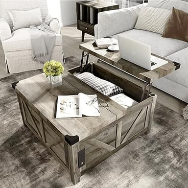 jimeimen Farmhouse Lift Top Coffee Table with Storage, Wood Square Center Table with Charging Station&USB Port, Living Room Table w/Large Hidden Space, for Living Room, Bedroom, Home Office, Grey - Image 1