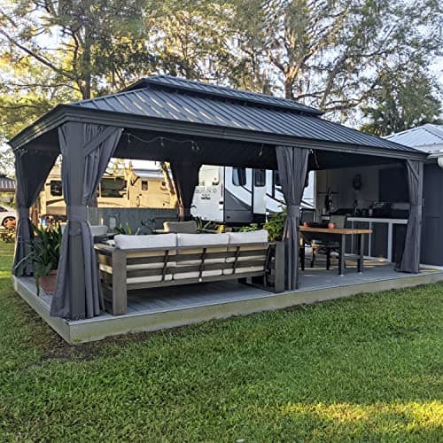 PURPLE LEAF 12' X 20' Permanent Hardtop Gazebo Aluminum Gazebo with Galvanized Steel Double Roof for Patio Lawn and Garden, Curtains and Netting Included, Grey - Image 1