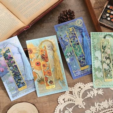 4 Pieces Metal Bookmarks with Tassel, Golden Hollow Bookmark Oil Painting Theme Book Mark Bookmarks for Book Lovers Writers Readers Children Teens Men Women Adults - Image 3