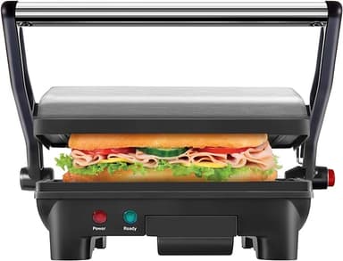 Chefman Electric Panini Press Grill, Compact 2-Slice Sandwich Maker, Non-Stick Coated Plates, Opens 180 Degrees, Dishwasher Safe, Removable Drip Tray, Stainless Steel/Black - Image 1