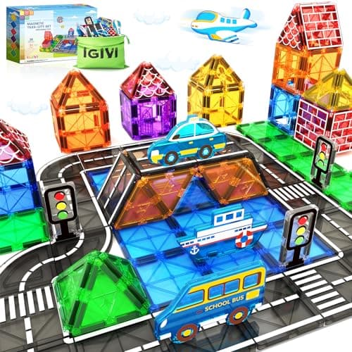 IGIVI Magnetic Tiles Road Set, Magnetic Building Blocks for Toddlers, STEM Construction Toys for Kids Ages 3+, Gifts Toys for Boys & Girls - 38 PCS - Image 1
