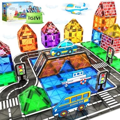 IGIVI Magnetic Tiles Road Set, Magnetic Building Blocks for Toddlers, STEM Construction Toys for Kids Ages 3+, Gifts Toys for Boys & Girls - 38 PCS - Image 1