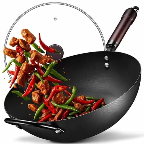 Wok, 13 Inch carbon steel woks & stir-fry pans nonstick, Pre-Seasoned 5.8QT Flat Bottom Chinese Wok Pan with lid, Carbon Steel Cookware, Compatible with All Cooktops