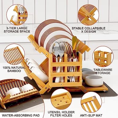 Greenual Bamboo Dish Drying Rack with Utensil Holder, 3 Tier Collapsible Dish Rack, Wooden Dish Racks for Kitchen Counter, Large Folding Drying Holder with Absorbent Dish Drying Mat - Image 5