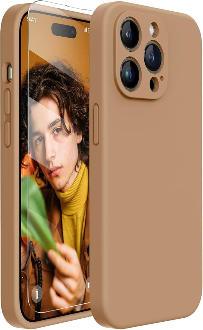 Miracase Designed for iPhone 14 Pro Max Phone Case with Screen Protector,[Upgraded Enhanced Camera Protection],Shockproof Liquid Silicone Case with Microfiber Lining,6.7 inch, Chocolate - Image 1