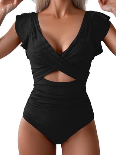 B2prity Women's One Piece Swimsuit Ruffle Cutout Bathing Suits Slimming Tummy Control V Neck Wrap Swimwear - Image 2