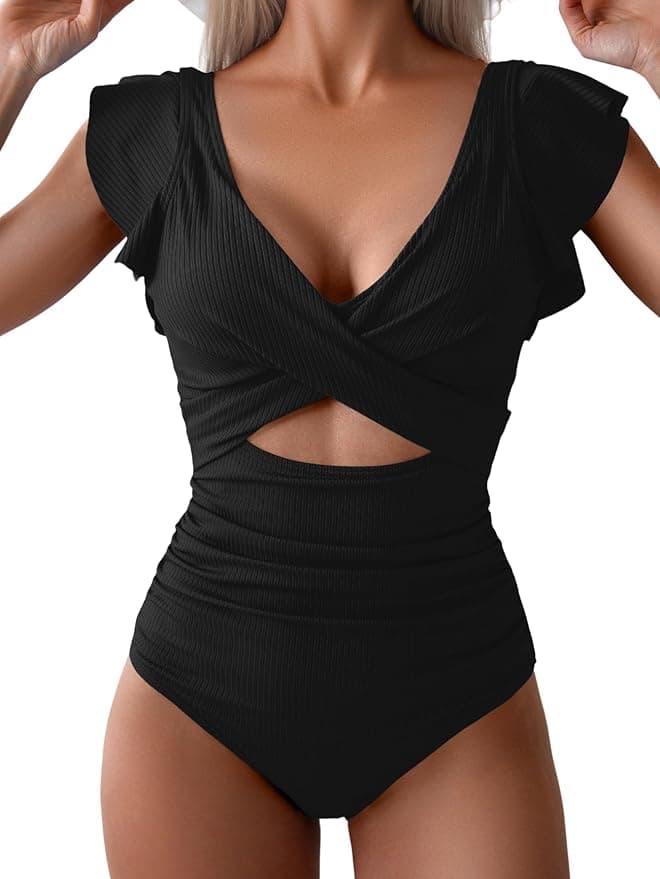 B2prity Women's One Piece Swimsuit Ruffle Cutout Bathing Suits Slimming Tummy Control V Neck Wrap Swimwear - Image 1