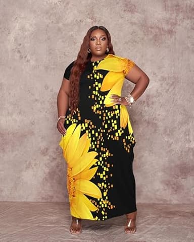 YeGine Oversize Tshirt Dress Plus Size Short Sleeve Maxi Dress with Pockets Yellow 2XL - Image 5
