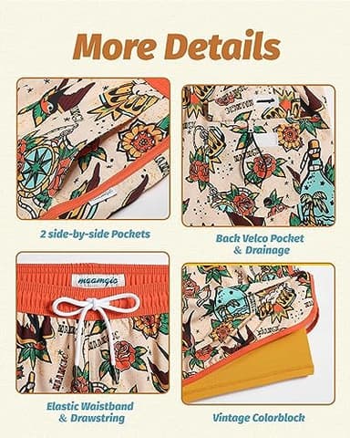 maamgic Mens Short 80s 90s Vintage 5.5" Swim Trunks Swimsuits Board Shorts Compression Liner Quick Dry 2 in 1 Bathing Suits Carnation Bird Orange X-Large - Image 4