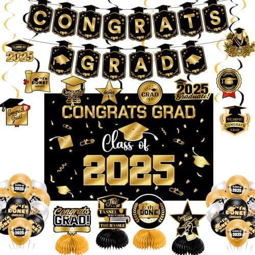 Graduation Decorations 2025 Gold Themed Set - Congrats Grad Banner, Class of 2025 Backdrop, Balloons & Streamers Kit - Complete Party Supplies for High School & College Celebrations - Image 1