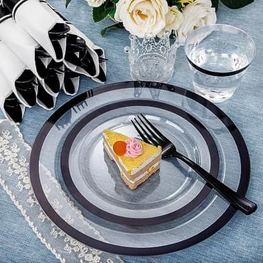 I00000 350 Pcs Clear and Black Plastic Plates,Black Dinnerware Set, Include 50 Dinner and 50 Dessert Plates,50 Plastic Cups,50 Per Rolled Napkins with Cutlery for Party,Wedding,Halloween - Image 6