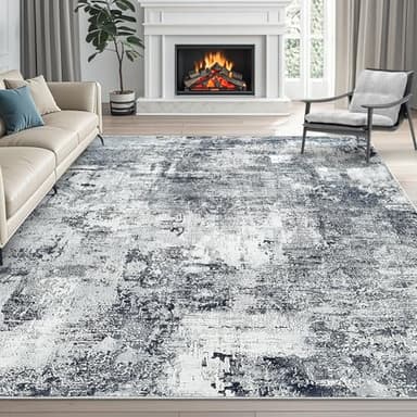 Washable Rugs 5X7 Large Neutral Modern Non Slip Foldable Thin Under Dining Table Dining Room Floor Cove Black - Image 1